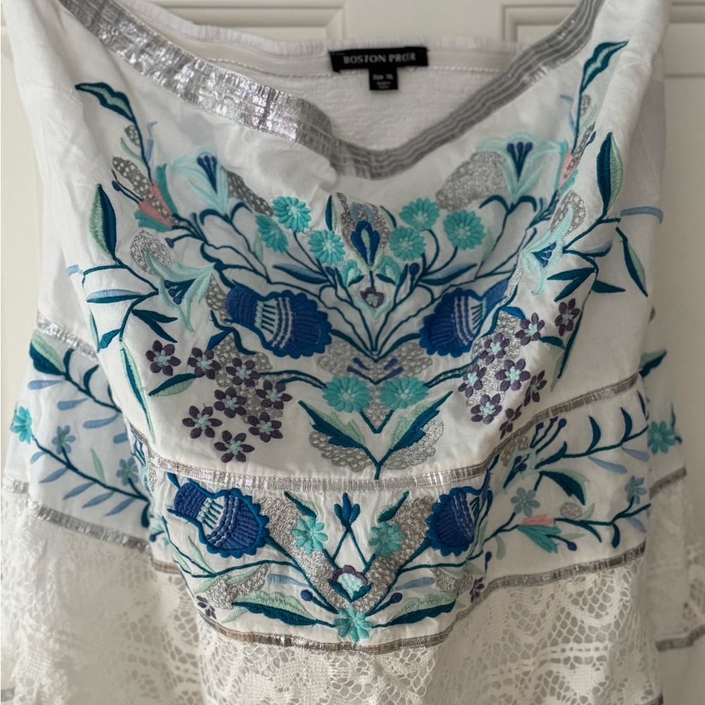 Boston Proper Strapless White Dress with Blue Embroidery - Picture 2 of 3
